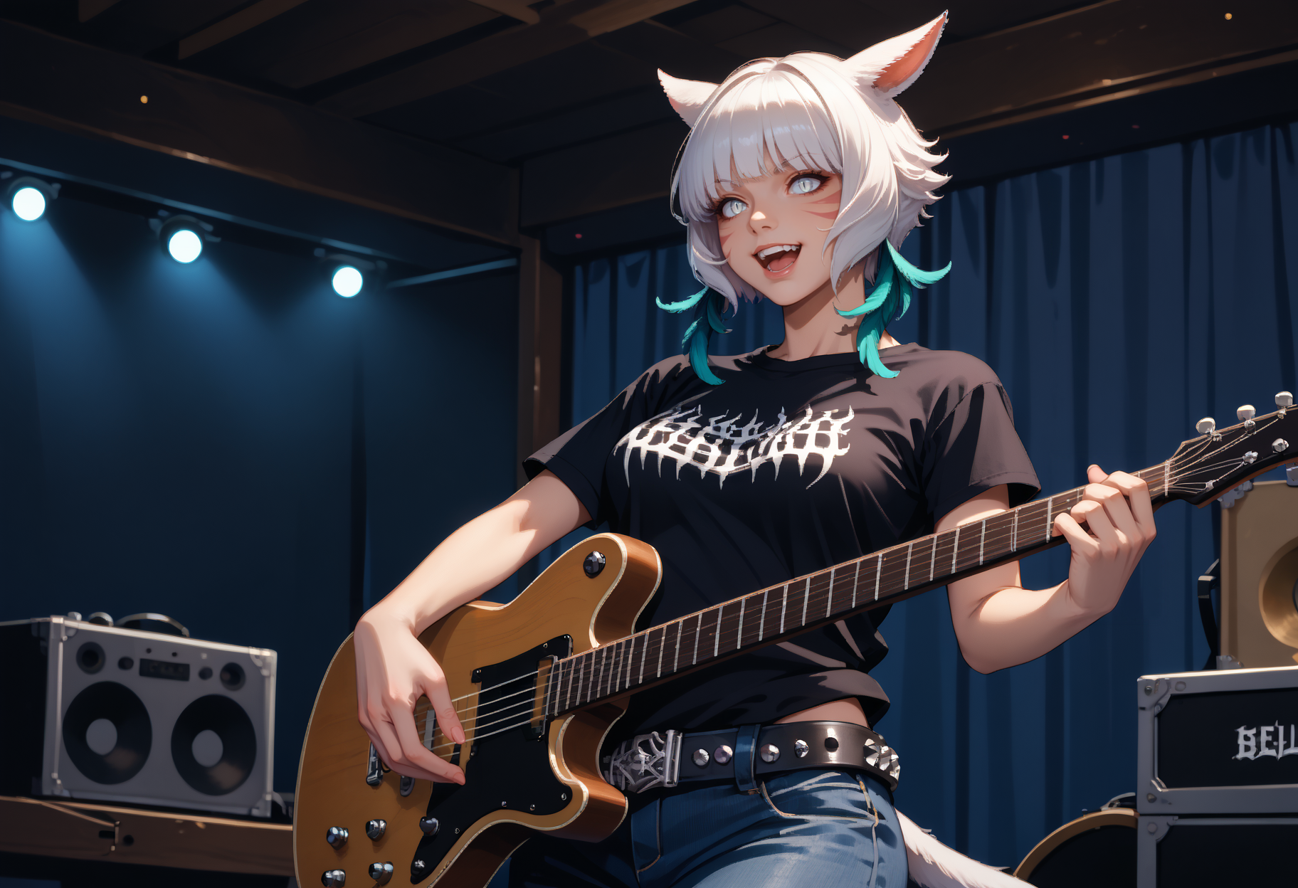 score_9, score_8_up, score_7_up, detailed, 1girl, solo, shtla, dark-skinned female, slit pupils, animal ears, tail, whisker markings, short hair, large breasts, <lora:YshtolaRhulPDXL_V1-Manityro-CAME:1.0>,
grey eyes, white hair, feather earrings, EPblackmetalprint, wearing EPblackmetalprint, black t-shirt, studded belt, studded jeans,
smile, happy, open mouth, yelling, playing instrument, electric guitar,
indoors, stage, stage lights, heavy metal show, <lora:EPblackmetalprint:1.0>