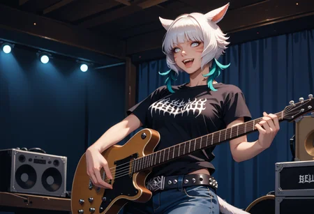 score_9, score_8_up, score_7_up, detailed, 1girl, solo, shtla, dark-skinned female, slit pupils, animal ears, tail, whisker markings, short hair, large breasts, <lora:YshtolaRhulPDXL_V1-Manityro-CAME:1.0>,
grey eyes, white hair, feather earrings, EPblackmetalprint, wearing EPblackmetalprint, black t-shirt, studded belt, studded jeans,
smile, happy, open mouth, yelling, playing instrument, electric guitar,
indoors, stage, stage lights, heavy metal show, <lora:EPblackmetalprint:1.0>
