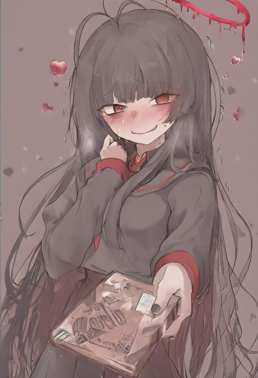 blue archive, tsurugi \(blue archive\), 1girl, @ @, antenna hair, bags under eyes, black hair, black shirt, black wings, blunt bangs, blush, box, gift, gift box, halo, heart, holding, holding box, incoming gift, looking at viewer, melting halo, nail polish, nervous smile, nervous sweating, nose blush, red eyes, red halo, school uniform, serafuku, shirt, smile, solo, sweat, sweatdrop, trembling, upper body, valentine, wings, masterpiece, best quality, good quality