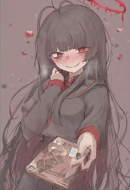 blue archive, tsurugi \(blue archive\), 1girl, @ @, antenna hair, bags under eyes, black hair, black shirt, black wings, blunt bangs, blush, box, gift, gift box, halo, heart, holding, holding box, incoming gift, looking at viewer, melting halo, nail polish, nervous smile, nervous sweating, nose blush, red eyes, red halo, school uniform, serafuku, shirt, smile, solo, sweat, sweatdrop, trembling, upper body, valentine, wings, masterpiece, best quality, good quality