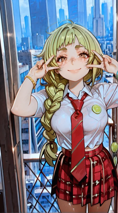 lazypos, 1girl, solo, female focus, thic eyebrows, lime green hair, long hair, single braided ponytail, medium breasts, freckles, almond shaped eyes, brown eyes, bangs, bags under eyes, BREAK
looking at viewer, skirt, shirt, jewelry, white shirt, short sleeves, pleated skirt, necktie, midriff, collared shirt, bracelet, plaid, v, plaid skirt, red necktie, building, city, double v, charm \(object\), smile