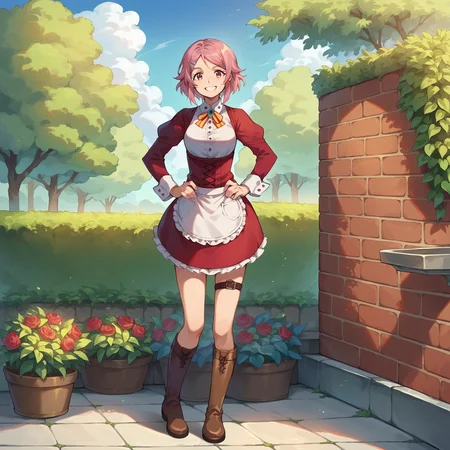 score_9, score_8_up, score_7_up, source_anime,
<lora:Sword Art Online - Lisbeth:1> SAOLisbeth, boots, apron, long sleeves, red dress, hairclip, freckles, skirt, thigh strap, knee boots, brown footwear,
outdoors, garden, hands on own hips,
looking at viewer, smile,