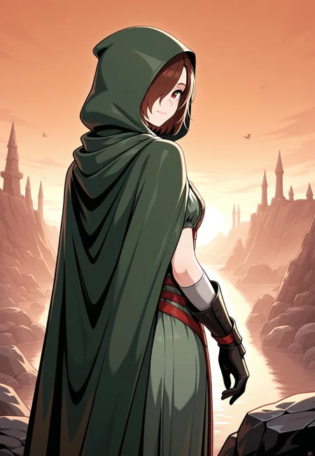 masterpiece, best quality, good quality, very aesthetic, absurdres, newest, 8K, focused subject BREAK 1girl, standing, cowboy shot, orange sky, rock spires, dragons, (dragons in the sky), emeraldherald, brown hair, short hair, hair over one eye, green cloak, hooded cloak, hood, hood up, green dress, gloves, armor, from behind, looking back, looking at viewer, slight smile