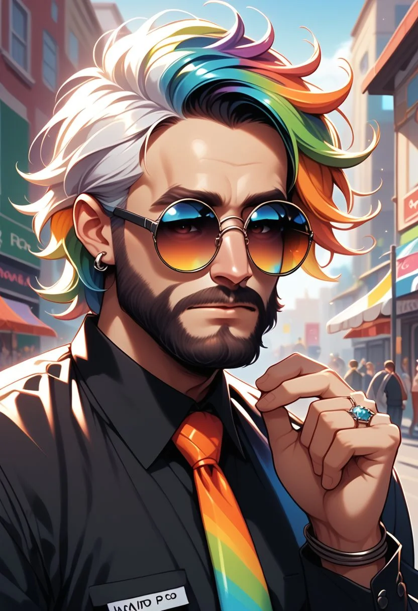 prideb4fall, 1boy, male focus, jewelry, solo, ring, facial hair, necktie, beard, shirt, round eyewear, bracelet, rainbow necktie, black shirt, sunglasses, earrings, tinted eyewear, looking at viewer, white hair, collared shirt, glasses, coat, long sleeves, hand up, made of rainbows, rainbow hair, rainbow overlay, pride month, outdoors, rainbows, belt, upper body, comic art style, illustration
zPDXL2