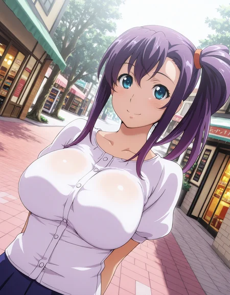 <lora:Haruko_Amaya_v01:1> harukoamaya, blue eyes, purple hair, side ponytail, large breasts,
dutch angle, depth of field, HDR, 8K.
masterpiece,best quality,amazing quality, highest score, arms behind back, solo, smile, street, store, tree, sunny, bokeh
