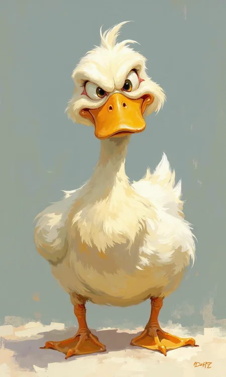 A digital painting of a cartoon duck.
The duck is centrally positioned and is rendered in a vibrant style with visible brushstrokes. Its plumage is a mix of off-white, light cream, and yellowish-tan hues, with a slightly rough, textured appearance suggestive of feathers. The beak is a rich orange-yellow and the eyes are large, dark, and intense, with heavy, slightly exaggerated eyebrows, giving the duck a rather determined or possibly angry expression. The duck's stance is alert, and the legs are a similar orange-yellow hue.
The background is a muted, soft-blue grayish tone, creating a backdrop for the duck, with subtle brushstrokes that suggest an interplay of light and shadow. The overall style is reminiscent of cartoon animation or children's book illustrations, but with added artistic flair via paintbrush and color., <lora:FLUX-daubrez-DB4RZ-v2:1> DB4RZ, DB4RZ style painting