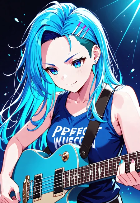 sarah, long hair, blue eyes, Playful blue hair, perfect for a whimsical and artistic persona. Bold undercut hairstyle, with shaved sides and longer hair on top for a striking contrast. Passionately playing guitar, expressing creativity and music. Vibrant Neon Colors