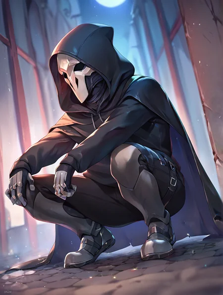 r34p3r, male focus, squatting, black hoodie, cape, night, solo, low angle BREAK score_9, score_8_up, score_7_up, score_6_up, score_5_up, score_4_up <lora:owmale_12r:1>