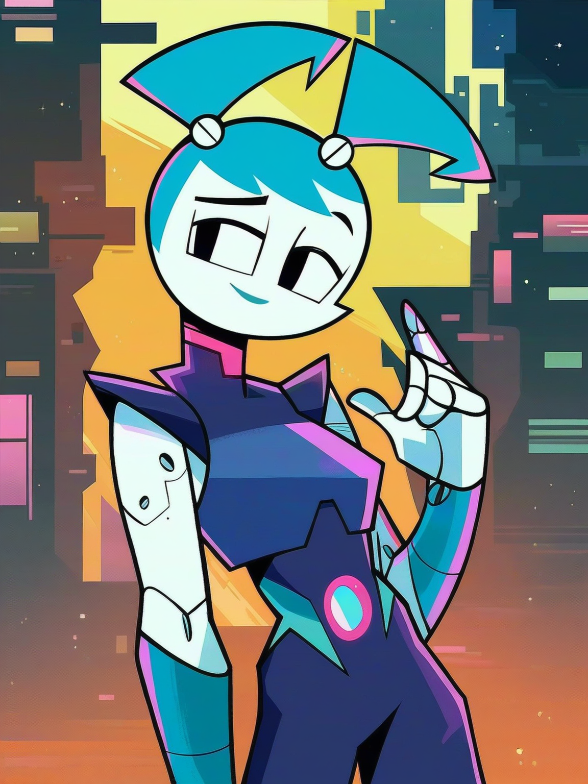 <lora:XJ-9:0.6>, x_j_9, 1girl, robot, blue hair, black eyes, cyberpunk outfit, neon, night city background,, score_9, score_8_up, score_7_up,