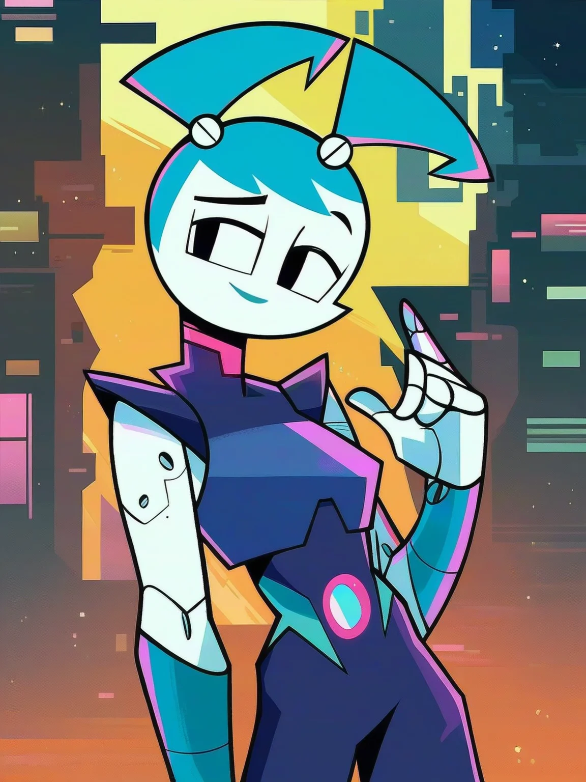 <lora:XJ-9:0.6>, x_j_9, 1girl, robot, blue hair, black eyes, cyberpunk outfit, neon, night city background,, score_9, score_8_up, score_7_up,