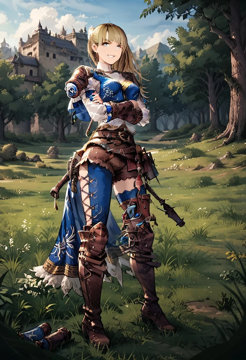 1girl, solo ,blonde hair, blue eyes, boots,smile, long hair, belt,pauldrons, bottle, pouch, print on clothes, whip, scrolls, cactuar, cape, arm guard, upper arm guard, shorts, knee guard, white shirt, blue sleeves, assymetric blue thighhighs, thighhigh right foot laced, rope, front cape, cyrelle, outside, with an army, grass, crossed arms, not holding
