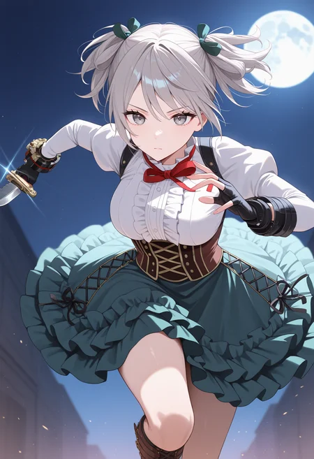 1girl, action, serious, looking at viewer, holding knife, weapon, running, <lora:CielGE-illu:1> dfCiel, grey hair, short twintails, hair ribbon, green ribbon, grey eyes, red neck ribbon, white shirt, breasts, center frills, juliet sleeves, black gloves, fingerless gloves, black bracelet, corset, underbust, green skirt, frilled skirt, miniskirt, knee boots, cross-laced footwear, brown footwear, night, glint, full moon, outdoors, masterpiece, best quality, good quality, newest