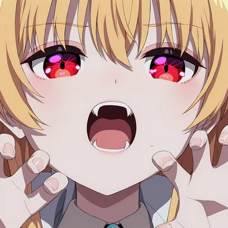 newest,absurdres,masterpiece,highres,<lora:yue-step00002000>,yue,red eyes,blonde hair,<lora:noobai_ep11_stabilizer_v0.138_fp16>,vampire,fangs,pale skin,claw_pose,glitter in the eyes,