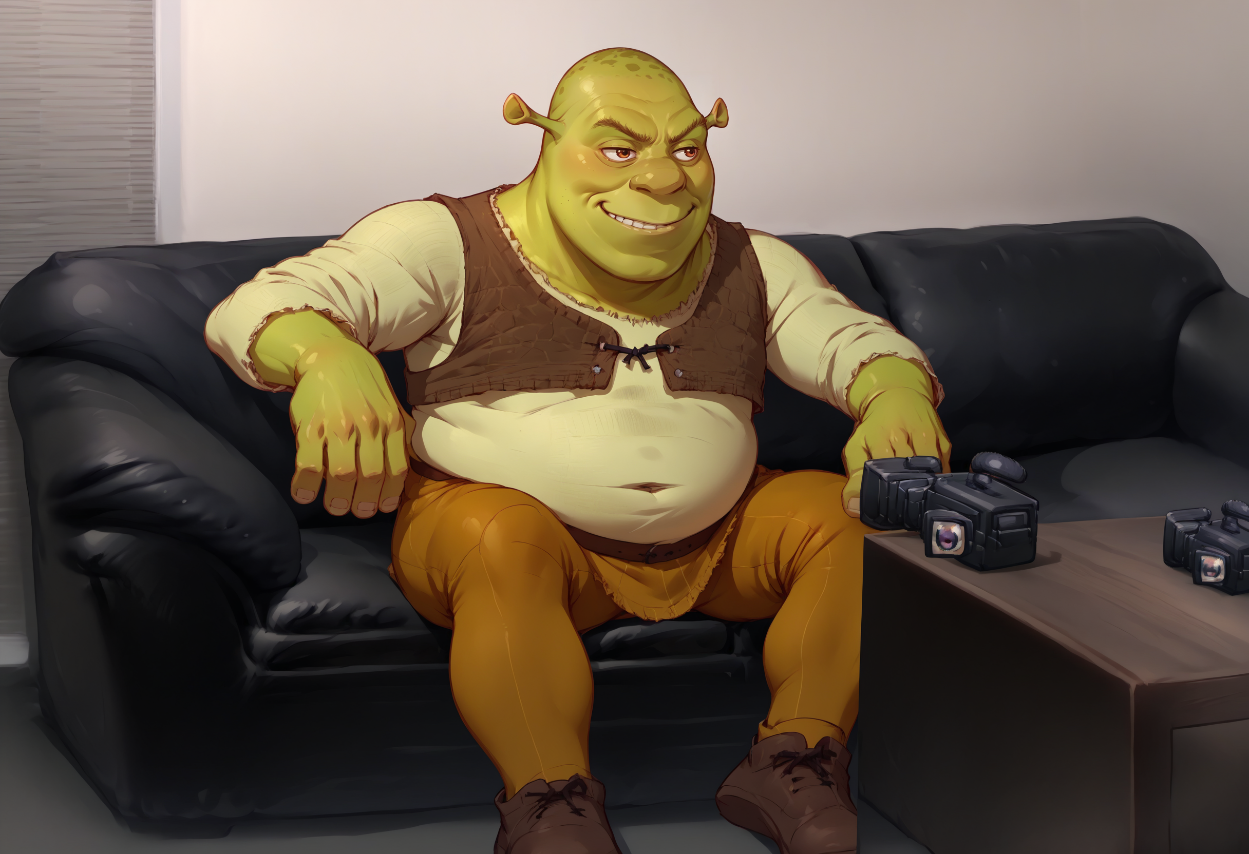 score_9, score_8_up, score_7_up, source_anime, 1boy, casting couch, couch, camera, <lora:CastingCouch_XLPD:0.85>, sitting, <lora:Shrek_XLPD:1> shrek, green skin, smirk,
