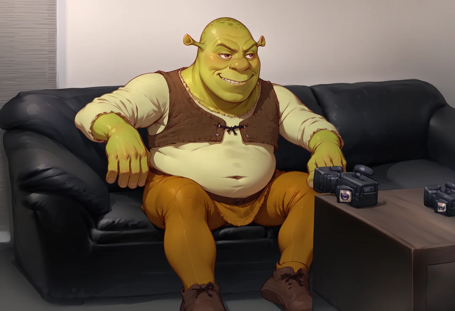 score_9, score_8_up, score_7_up, source_anime, 1boy, casting couch, couch, camera, <lora:CastingCouch_XLPD:0.85>, sitting, <lora:Shrek_XLPD:1> shrek, green skin, smirk,