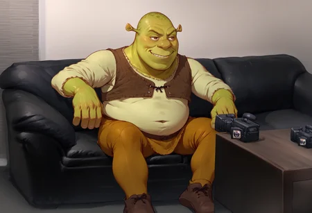 score_9, score_8_up, score_7_up, source_anime, 1boy, casting couch, couch, camera, <lora:CastingCouch_XLPD:0.85>, sitting, <lora:Shrek_XLPD:1> shrek, green skin, smirk,