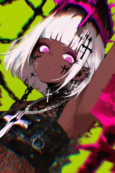  <lora:add-detail-xl:1.8>
 <lora:Goth_Neon_XL:1.2>,
1girl, armpits, bare shoulders, blood, blunt bangs, bob cut, chain necklace, choker, closed mouth, cross, crown, dark skin, ear piercing, earrings, facial mark, fingerless gloves, fishnets, hairclip, holding, jewelry, long hair, looking at viewer, neck tattoo, necklace, piercing, green background, pink hair, portrait, ringed eyes, solo, spikes, tattoo, thigh boots, upper body, white hair
