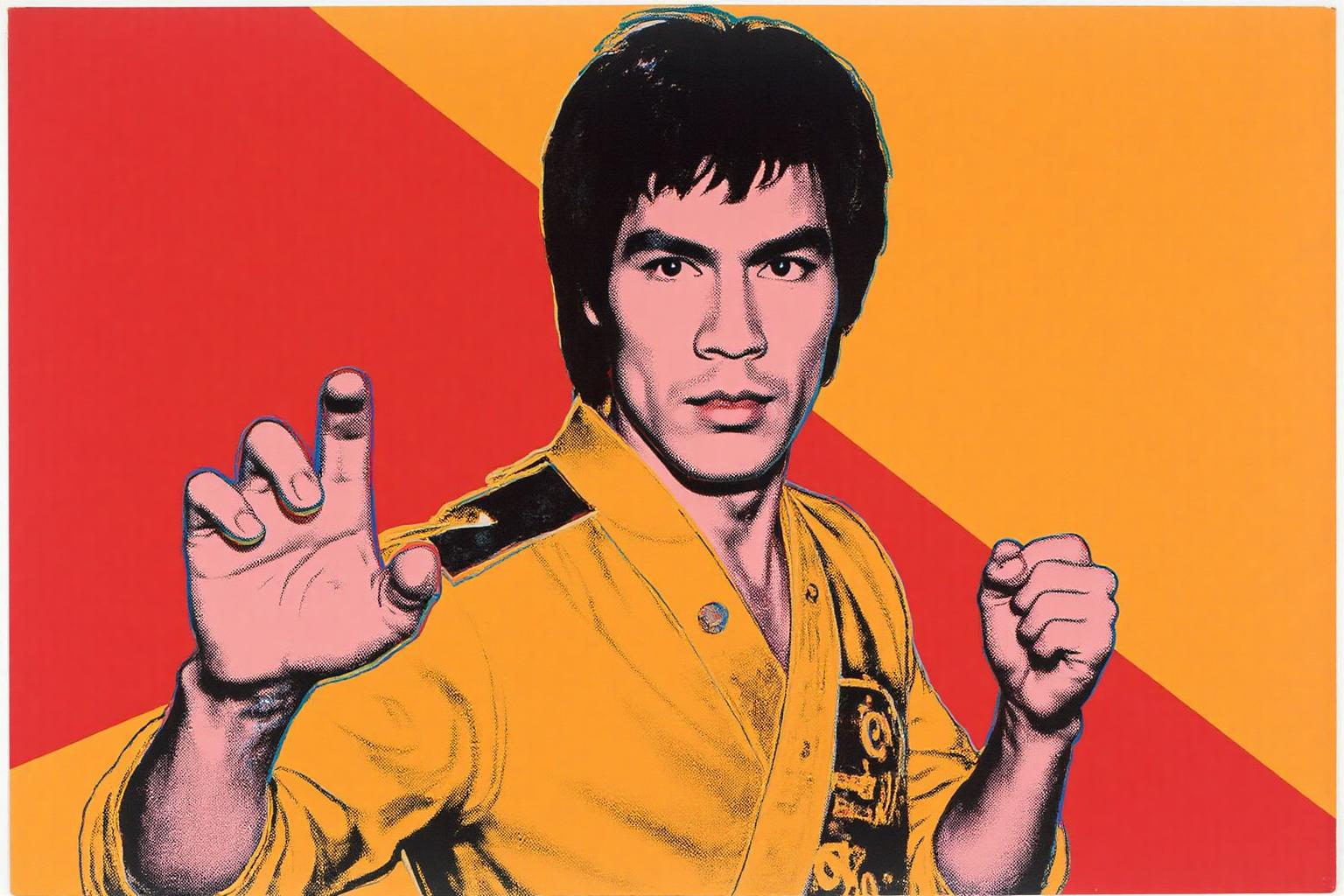 andywarhol1 illustration.
Close-up of Bruce Lee doing Kung-Fu.  <lora:andywarhol1_cap_d6a3:1.0><lora:836290515759702002:0>