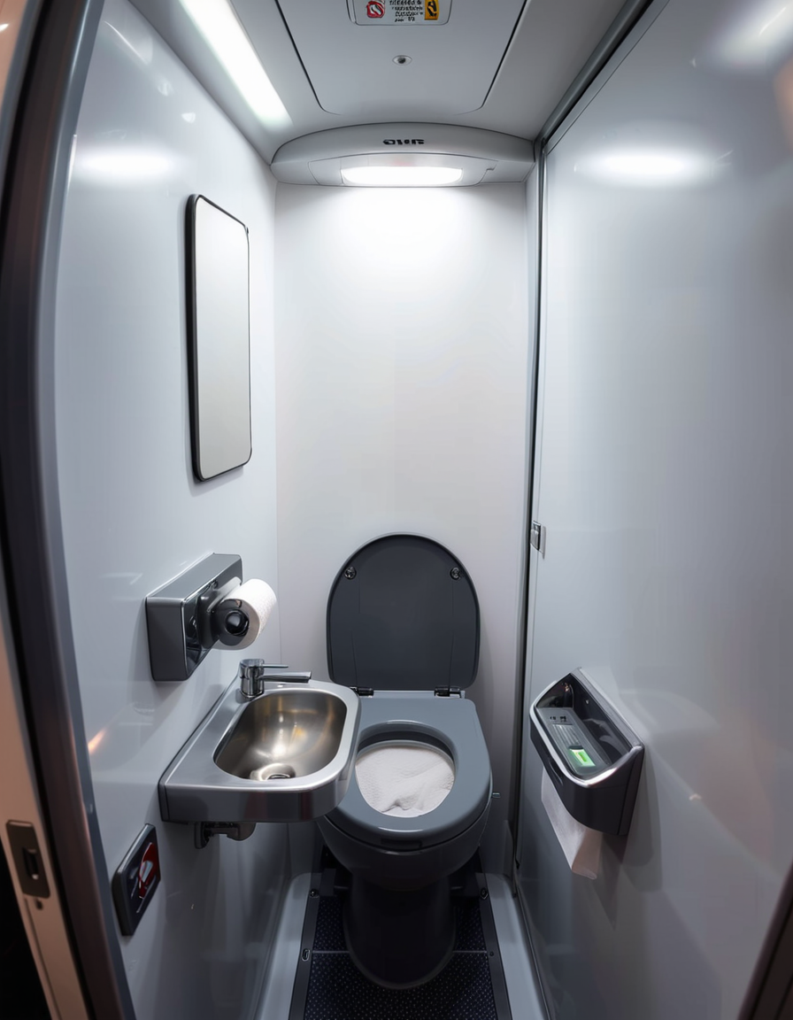 A highly detailed and realistic photograph of an airplane lavatory. The small, compact space features light gray plastic walls with subtle texture, a stainless-steel sink with a motion-sensor faucet, and a mirror reflecting the narrow interior. The toilet is sleek, with a closed lid and a small instruction sticker on top. A soft, dim overhead light illuminates the space, creating a sterile yet functional atmosphere. On the side, a dispenser for paper towels and a built-in trash compartment are visible. The door has a small lock mechanism and an 'Occupied' sign. The floor is dark, non-slip material, and there are small signs with safety instructions in multiple languages. The perspective is slightly wide-angle, capturing the entire space from a slightly tilted angle, emphasizing the compact design. 
<lora:SDXLFaeTastic2400:0.4> <lora:extremely_detailed:0.4> extremely detailed,<lora:airplane_l4v4t0ry:1>,airplane l4v4t0ry, Masterpiece,best quality,hi res,8k,hi res,8k,award winning,(sharp focus, intricate, highly detailed),