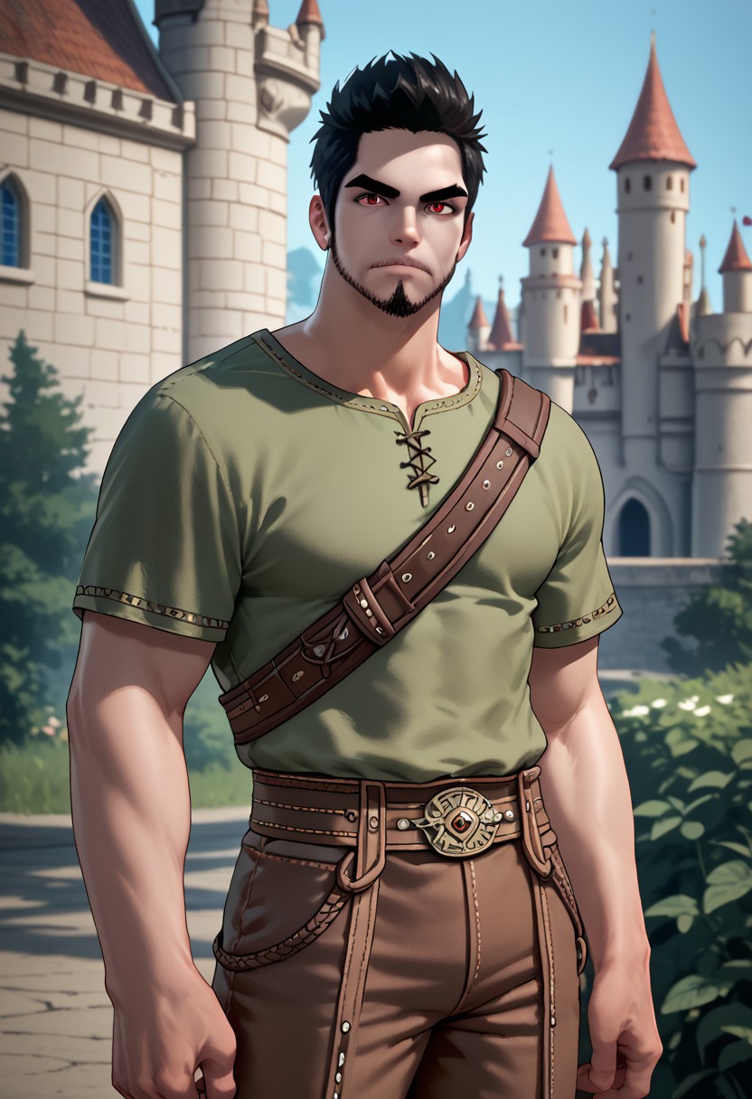 score_9, score_8_up, score_7_up, bdo_warrior, 1man, 1boy, upper body, short black hair, facial hair, thick eyebrows, red eyes, looking at viewer, green shirt, brown pants, castle courtyard