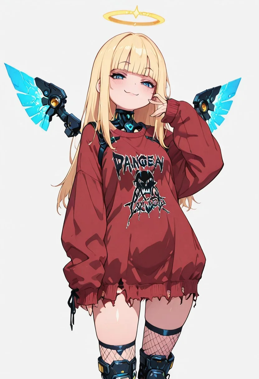 masterpiece, best quality, 1girl, solo, Cyb3rAng3lCitron, blue eyes, blonde hair, blunt bangs, long hair, mechanical wings, halo, glowing, shiny clothes, mechanical halo, smug,
red sweater, sleeves past wrists, fishnets, torn clothes, oversized clothes
