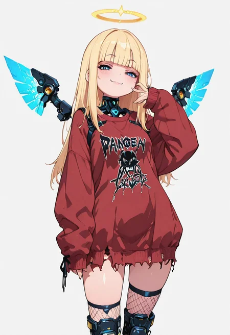 masterpiece, best quality, 1girl, solo, Cyb3rAng3lCitron, blue eyes, blonde hair, blunt bangs, long hair, mechanical wings, halo, glowing, shiny clothes, mechanical halo, smug,
red sweater, sleeves past wrists, fishnets, torn clothes, oversized clothes