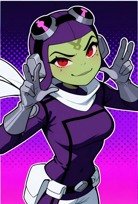 <lora:attea-07:1>, attea, green skin, 1girl, red eyes, goggles, short hair, purple hair, white scarf, purple bodysuit, purple helmet, white pants, grey gloves, dynamic pose, expressive face, l, short purple skirt, purple background, masterpiece, best quality, amazing quality, very aesthetic, absurdres, newest,, upper body, halftone effect, white borders, abstract background:1.2,