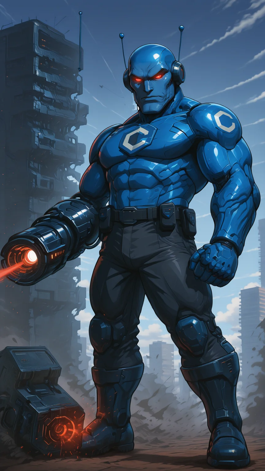 best quality, masterpiece, absurdres, newest,(official style:1.1), anime coloring,
<lora:CivBot_-_Evolved:1> 1boy, civbot, gigachad, sigma male, robot, male focus, solo, muscular, blue skin, colored skin, antennae, bald, muscular male, glowing red eyes, futuristic scenery, hi-tech, sci-fi background, outdoors, CivitAI chest logo,
<lora:PlasmaCannonIL:1> plasma cannon, arm cannon, armor, cyber wear, black body armor, belt, black pants, plate boots,