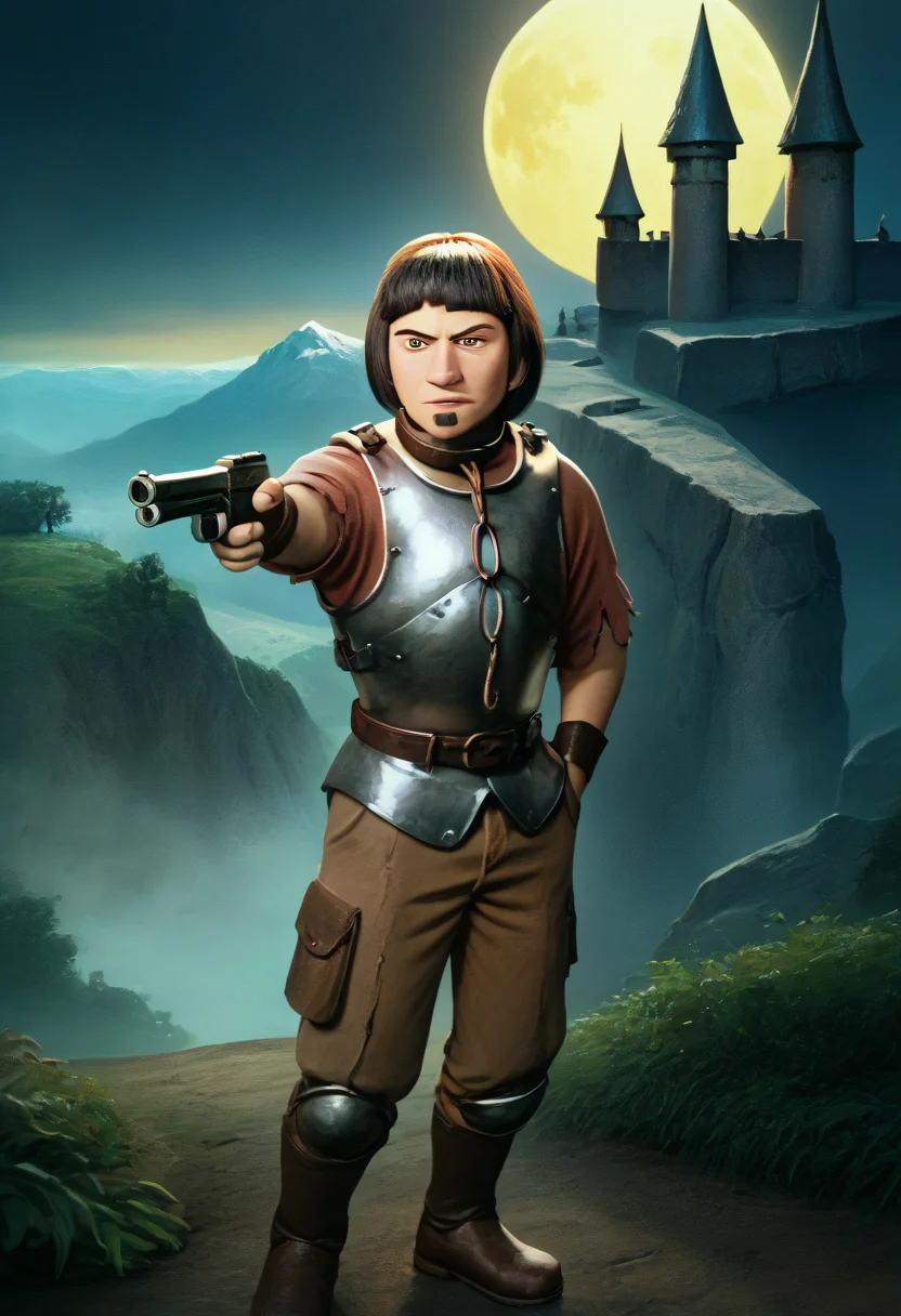 score_9, score_8_up, realistic, detailed, 1boy, solo, HuiBuh, bob cut, blunt bangs, dark brown hair, goatee, metal collar, armor, chain, breastplate, aiming, weapon, holding weapon, holding gun, handgun, hand in pocket, outdoors, mountain, moon, castle, backlighting <lora:YusufDikecGunPose_pdxl_Incrs_v1> <lora:hui_buh>