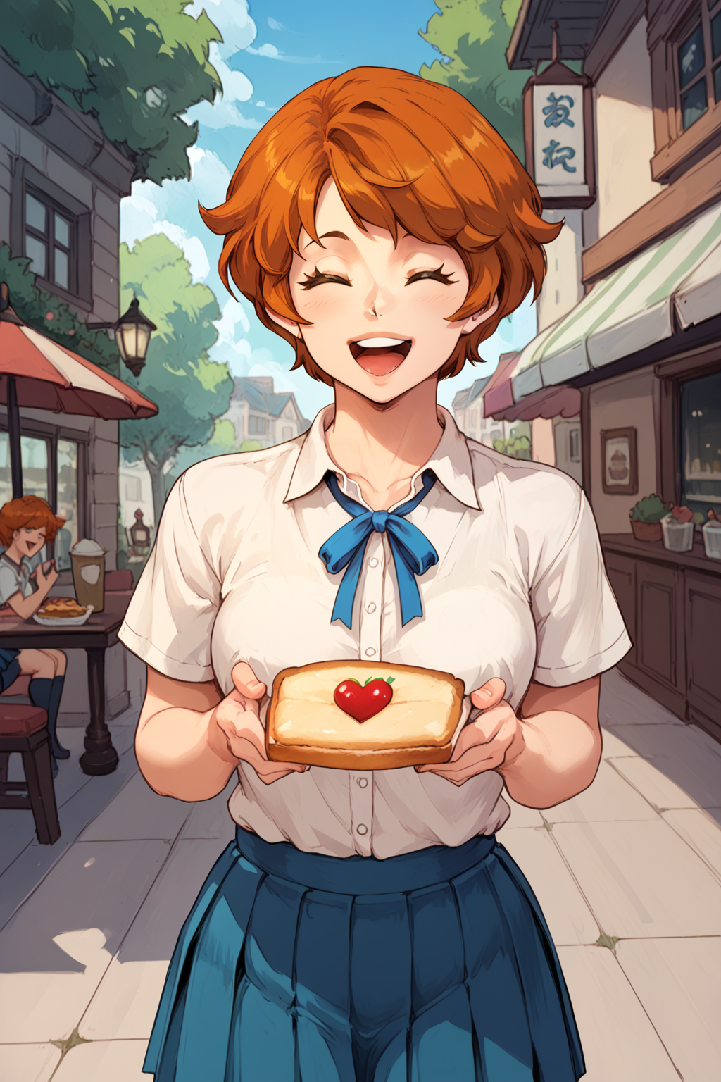 score_9, score_8_up, score_7_up, masterpiece, high quality, BREAK
<lora:SuePonyLoRA:1>sue, short hair, collard shirt, pleated skirt, blue neck ribbon, holding toast,  happy, in a cafe