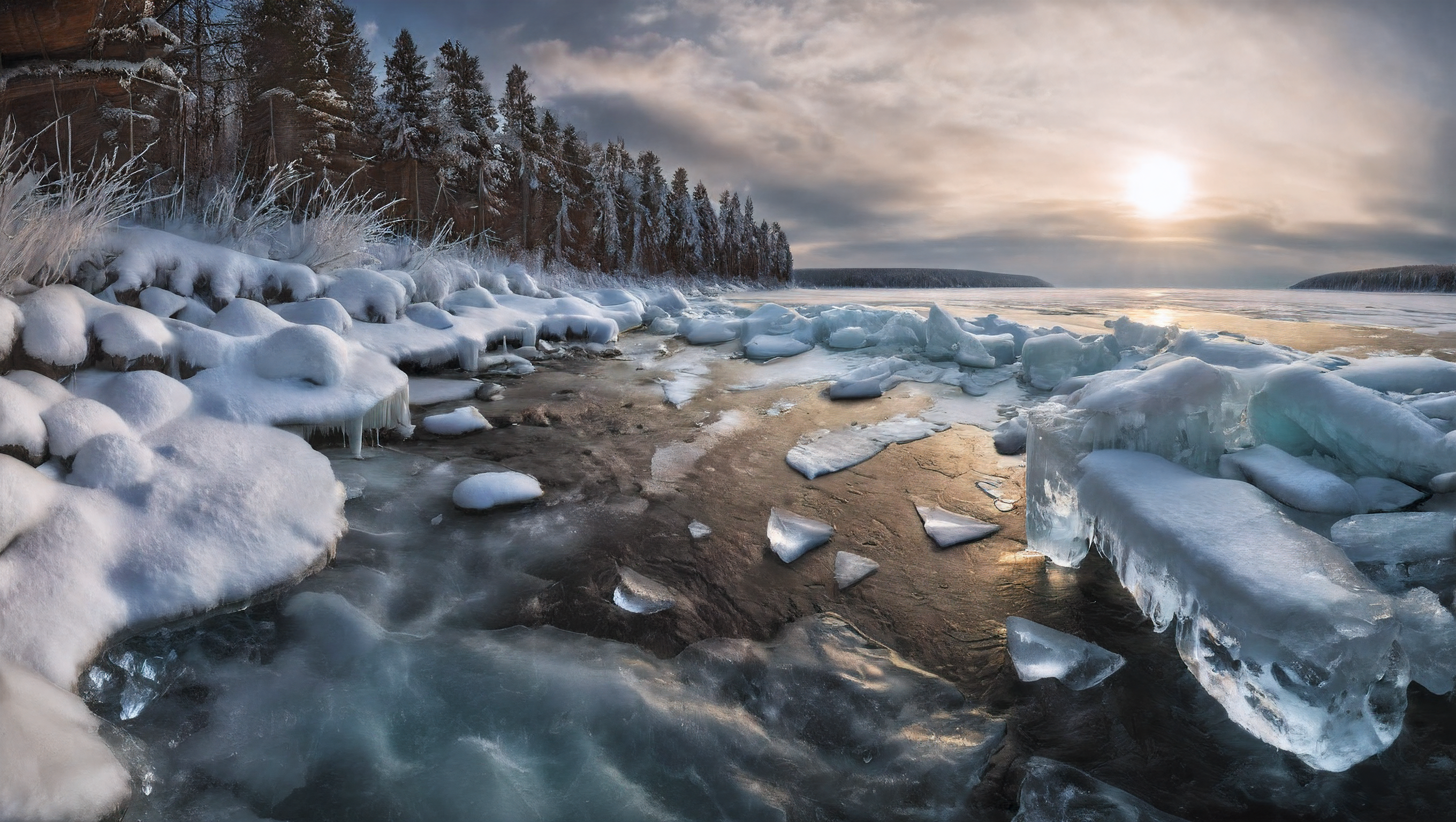 CINEMATIC SHOT, professional photo by Caravaggio of  wild nature, Russia, winter, snow, woods, valley, river, ice, ice floes, sun kissed, icicles, dramatic clouds, rule of thirds, view from surface,  (by Christopher Nolan:1.4),F11,(DOF, Cinematic Color grading, intricate, hyper realistic, detailed, flickr, cinematic lighting)    <lora:Wild_nature_XL:1>