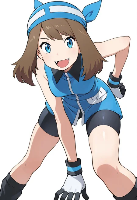 masterpiece, best quality, solo, curvy, beautiful eyes, girl, solo, smile, looking at viewer, dynamic pose, from below, (fisheye), foreshortening, close up, (leaning forward, eye focus, anime screenshot,
(upper body), white background,
zzSapphire, blue eyes, brown hair, medium hair, fangs, gloves, bike shorts, black socks, blue bandana,