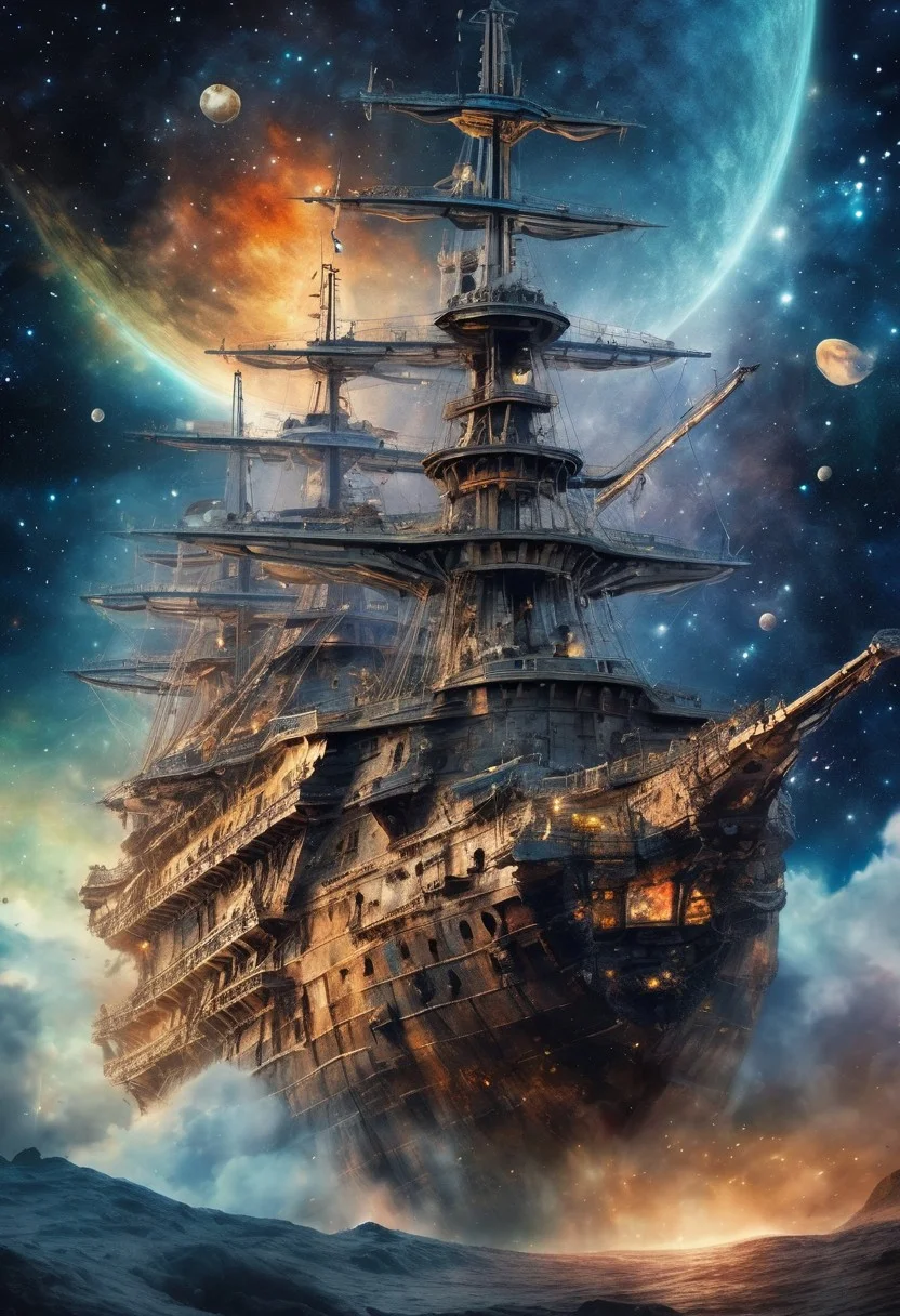 (masterpiece:1.4), best quality, watercolor, ink, oil and pencil, oil painting, from side heavy capital class battleship medival pirate ship in a nebula (asteroid field) action camera view epic render Style-Volumetric (illustration:1.2) (detailed) (intricate)