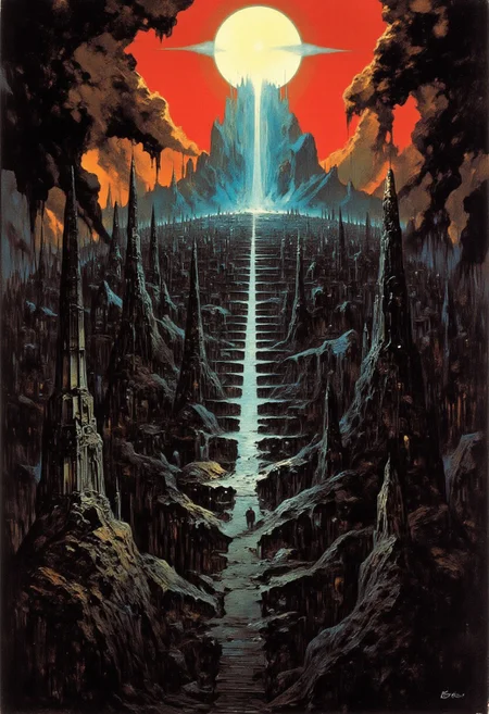 This is a digital artwork depicting a dystopian aliencape at night. The scene is dominated by a striking, intense red and cyan gradient that fades from the top to the bottom, giving the image a surreal and apocalyptic feel. The gradient suggests a fiery or smoky atmosphere, possibly indicating a post-apocalyptic setting.
The city itself is a sprawling mass of dark, spiked elongated buildings, mostly spiral and pyramidal in shape, with few visible glowing windows. The buildings are densely packed, creating a maze-like structure that appears to stretch into the distance. The overall texture is rough and gritty, with a sense of decay and abandonment.
A central, narrow glowing pathway cuts through the city, leading towards a bright, glowing light at the top center of the image. This light is intensely bright and appears to be the source of the red-cyan gradient, possibly a nuclear explosion or a supernatural event. The light is surrounded by a halo of smoke or dust, adding to the eerie atmosphere.
In the foreground, on the left and right side of the image, there is a partially collapsed obelisks with a broken, fractal structure. The perspective is high, giving a bird's-eye view of the city, enhancing the sense of desolation and scale.
best quality,high resolution,vibrant neon colors,deep darks,epic scale,disturbing,poignant atmosphere.total eclipse,wind,forced perspective
David A. Hardy
John Harris
Kay Nielsen
John Howe
Edvard Munch