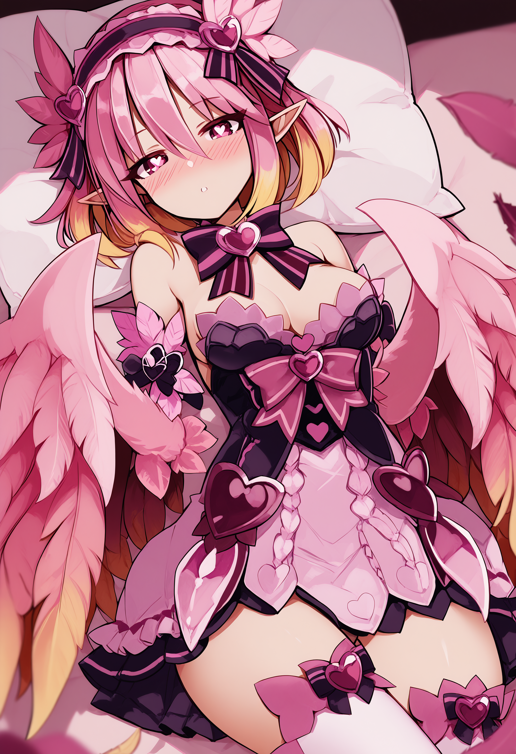score_9, score_8_up, score_7_up, score_6_up, masterpiece, best quality,
jubjub, monster girl encyclopedia, 1girl, breasts, pink wings, monster girl, harpy, wings, solo, winged arms, pink hair, feathers, blonde hair, medium breasts, thighhighs, heart, pink thighhighs, blush, white thighhighs, bare shoulders, feathered wings, looking at viewer, pink eyes, short hair, multicolored hair, hair between eyes, pointy ears, lying, on back, pillow, hairband, bow, symbol-shaped pupils, heart-shaped pupils, gradient hair, pink feathers
<lora:avian_mge_concepts_v11:1>
