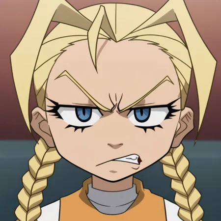 Cindy, Blond hair, twin braids, antenna hair, blue eyes, solo, close up, angry face, mad