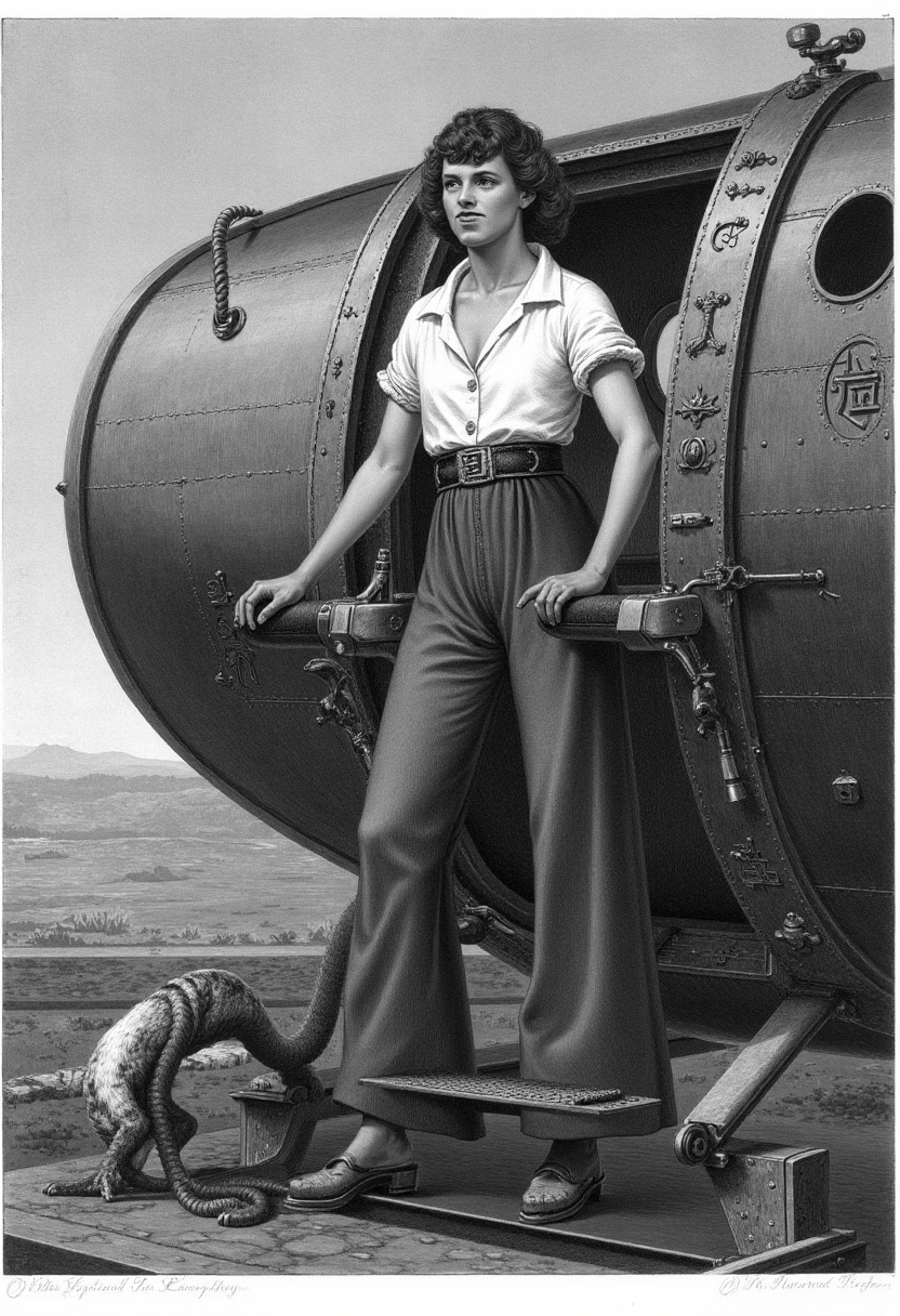 A mezzotint etching of Amelia Earhart standing at the cockpit of her Lockheed Electra aircraft, ready to take off on a record-breaking flight around the world.