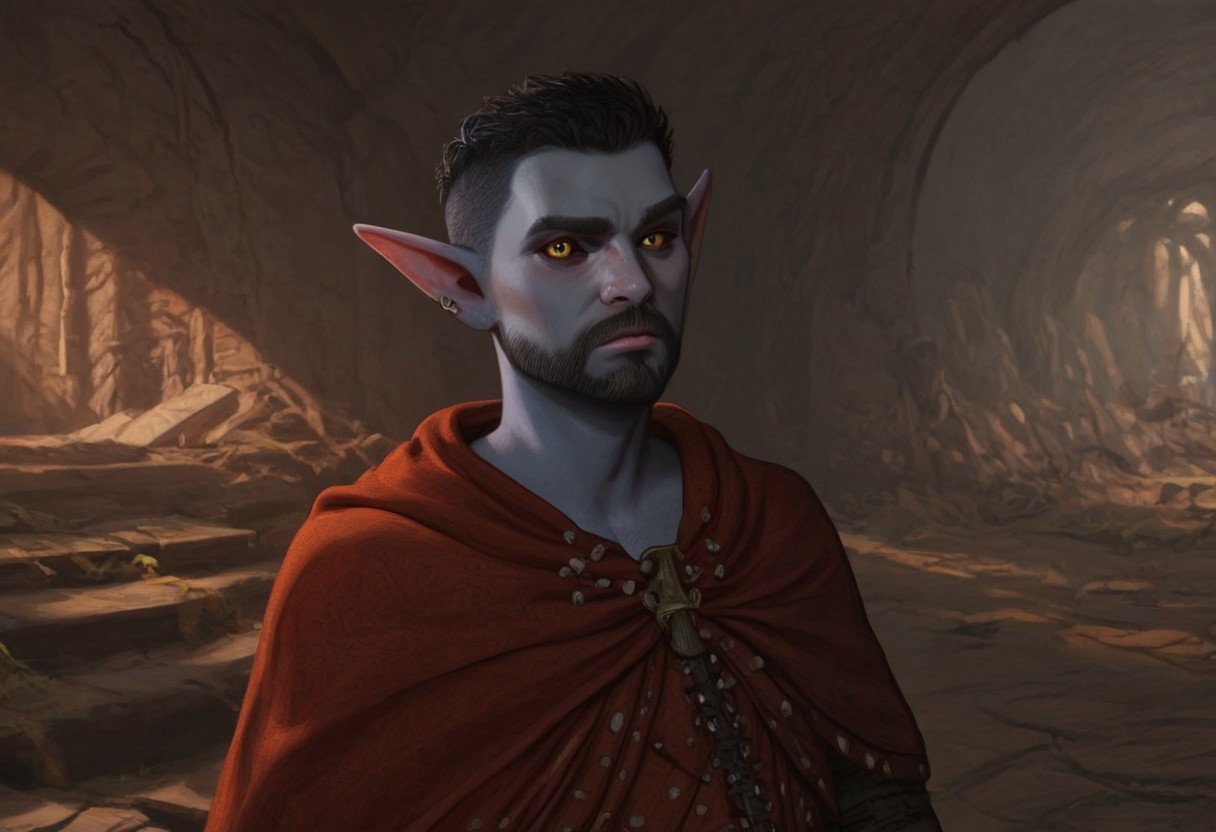 solo, short pointy ears, piercings, random elf face, aquiline features, male dark elf, masculine, long beard, weathered skin, large nose, athletic build,  animated realism, zoomed out, Syrian features, torso, brass pipes and gears, intricate architecture, dwarven masonry, dwemer fixtures, white-green light, gloomy lighting, ancient ruins, interior, stone tiled floor, grey-blue skin, mahogany and ivory clothes, medium armor, bone plate armor, ivory straps and fittings, grey wood neckguard, dark red sclera, black pupils, distant mushroom forest, blue-green light, neon, highly detailed, defined features, looking at viewer, three quarters view, from front, dynamic lighting, 56 years old, light and shadows, patterned cloth, annoyed expression, expressive eyes, detailed medieval clothes, short hair, wavy hair, thick hair, beaded hair, braided hair, under cut hair, semirealistic, alien elf, spanish features, jewish features, black hair, dark red hair, umber skin, sharp features, pastel green berber print cloak, nighttime, high detail, absurdres, pretty eyes, detailed eyes, yellow eyes,