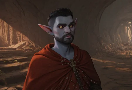solo, short pointy ears, piercings, random elf face, aquiline features, male dark elf, masculine, long beard, weathered skin, large nose, athletic build,  animated realism, zoomed out, Syrian features, torso, brass pipes and gears, intricate architecture, dwarven masonry, dwemer fixtures, white-green light, gloomy lighting, ancient ruins, interior, stone tiled floor, grey-blue skin, mahogany and ivory clothes, medium armor, bone plate armor, ivory straps and fittings, grey wood neckguard, dark red sclera, black pupils, distant mushroom forest, blue-green light, neon, highly detailed, defined features, looking at viewer, three quarters view, from front, dynamic lighting, 56 years old, light and shadows, patterned cloth, annoyed expression, expressive eyes, detailed medieval clothes, short hair, wavy hair, thick hair, beaded hair, braided hair, under cut hair, semirealistic, alien elf, spanish features, jewish features, black hair, dark red hair, umber skin, sharp features, pastel green berber print cloak, nighttime, high detail, absurdres, pretty eyes, detailed eyes, yellow eyes,