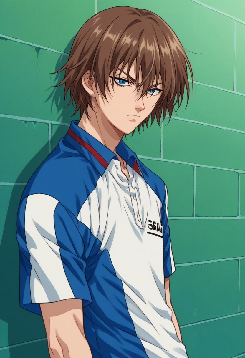 score_9, score_8_up, score_7_up, source_anime, highly detailed, 

shusuke, 1boy, male focus, solo, brown hair, hair between eyes, blue eyes, tennis uniform, white shirt, blue shirt, short sleeves, shorts, white shorts, upper body, looking at viewer, serious

outdoor