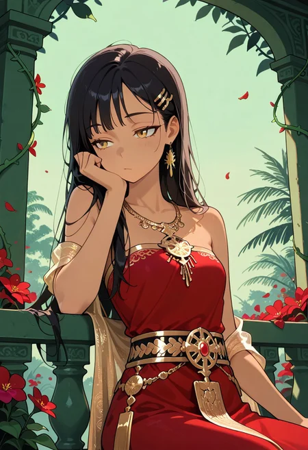 flat colors, masterpiece, best quality, amazing quality,
1girl, solo, girl, black hair, whispy bangs, tan skin, gold eyes, upper body,
long hair, looking afar, sitting, head rest, red and gold Chut Thai Dress, Sabai Shawl over right Shoulder, Shawl hanging straight down, Left Shoulder Bare, bare arms, Sinh Skirt, strapless top, Ornate Gold Thai Belt, Gold Thai hairclip, Gold Bangles, Gold earrings, Gold Necklace,
balcony above the jungle tree canopy, pale green sky,outdoors, lush trees, purple flowers, red flower vines, , falling red flower petals, ornate thailand aesthetic balcony, holding a red flower, sleepy,