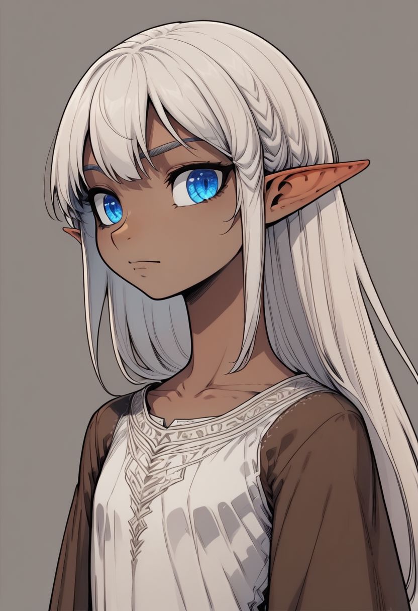 Lapanya, 1 person, solo, pointy ears, ((snout nose)), flat chest, lean stature, medium tan skin, white hair, long hair, hip-length hair, bangs, blue eyes, white tunic, brown robe, smooth cavern background 
Lineart, flat color, clean lines, up close, upper body focus, highly detailed face, high quality, best quality,  score: 9, score: 8 up, rating: safe