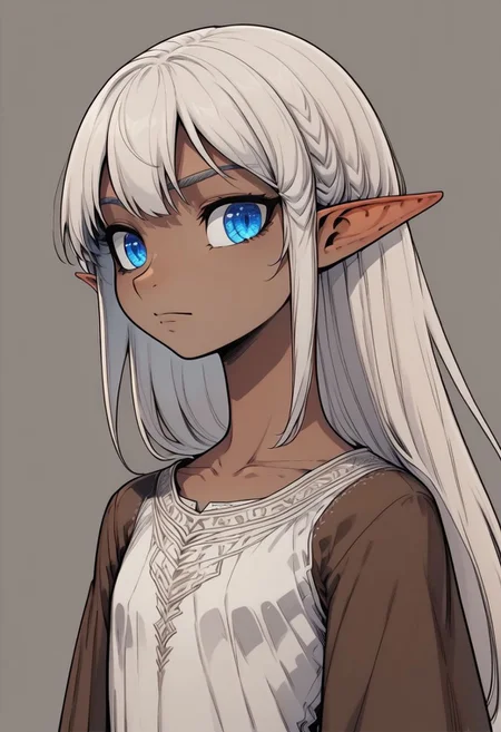 Lapanya, 1 person, solo, pointy ears, ((snout nose)), flat chest, lean stature, medium tan skin, white hair, long hair, hip-length hair, bangs, blue eyes, white tunic, brown robe, smooth cavern background 
Lineart, flat color, clean lines, up close, upper body focus, highly detailed face, high quality, best quality,  score: 9, score: 8 up, rating: safe