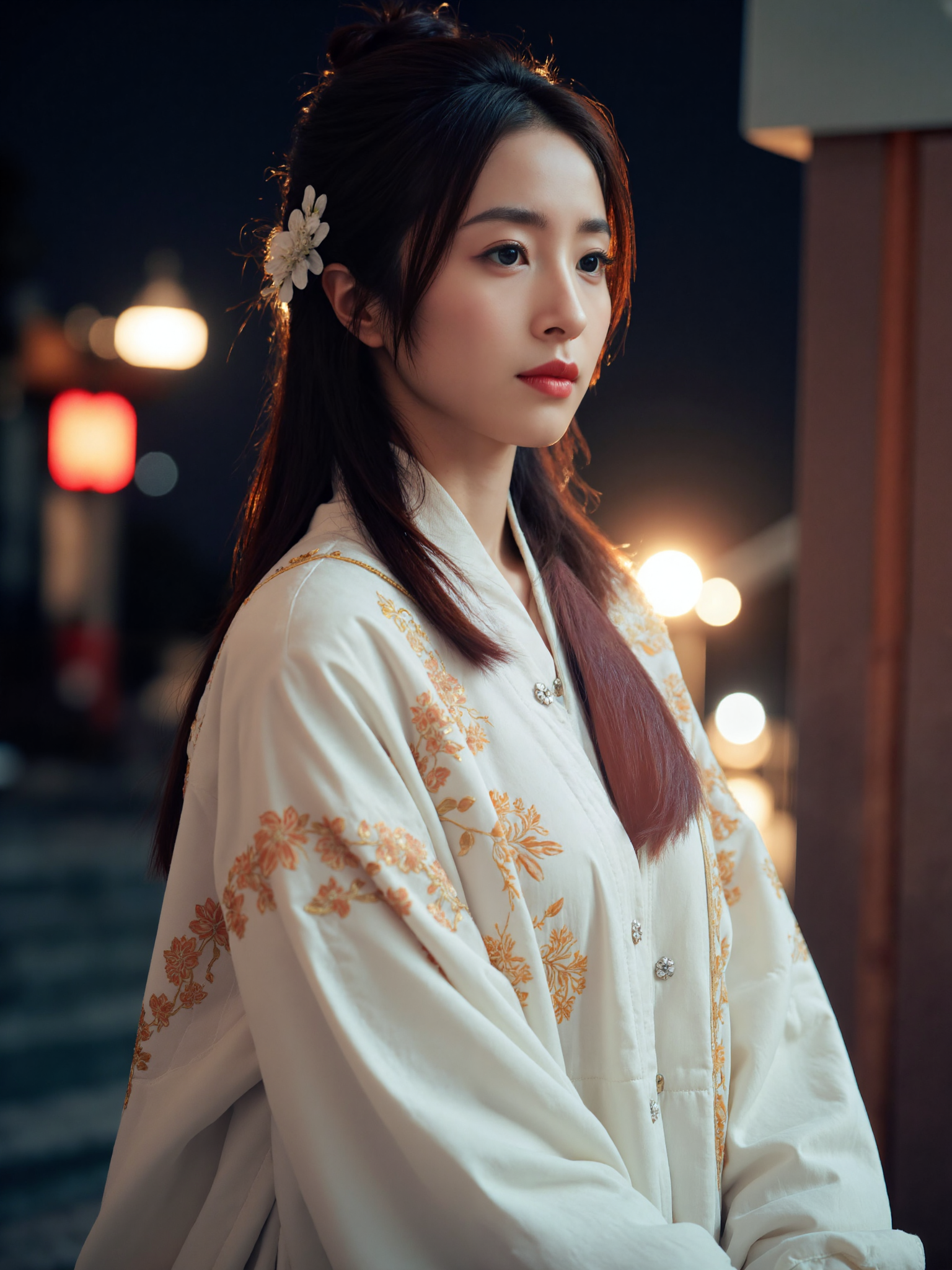 This photograph captures a serene, contemplative moment of a young East Asian woman in a traditional white hanfu, set against a softly lit, blurred background. The woman, with long, dark hair adorned with a small white flower accessory, gazes thoughtfully to her right. Her expression is calm and introspective. The lighting is warm and soft, casting gentle shadows that enhance the tranquil atmosphere. The image uses the rule of thirds, positioning the woman slightly off-center to the right, creating a balanced composition. The background features indistinct, glowing lights, suggesting a nighttime setting, possibly a traditional Chinese temple. The overall mood is peaceful and reflective, emphasizing the subject's serene beauty and the timeless elegance of traditional attire.
