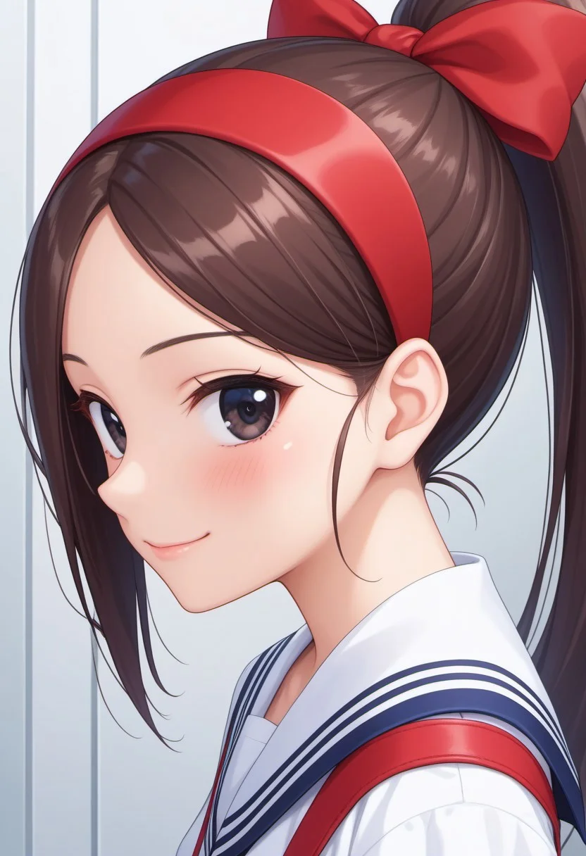 (masterpiece),best quality,amazing quality,very aesthetic,absurdres,newest,perfect body,shiny skin,perfect eyes,detail1eye,well-defined fingers,well-defined fingernails,anime style,
indoors,1girl,solo,(portrait :1.5),looking at viewer,facing viewer,smile,close mouth,blush,RuiRui,very long hair,dark brown hair,high ponytail,dark red hairband,hair ribbon,hair between eyes,parted bangs,black eyes,closed mouth,white sailor collar,white shirt,puffy long sleeves,small breasts,red bow,red suspenders,arms behind back,
from side, looking at viewer,