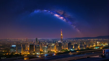 score_9, score_8_up, score_7_up, zPDXL2, <lora:MilkyWay:1>, (((night))), night sky, ((start)),
city from far away, skyscrapers, (milky way panorama)