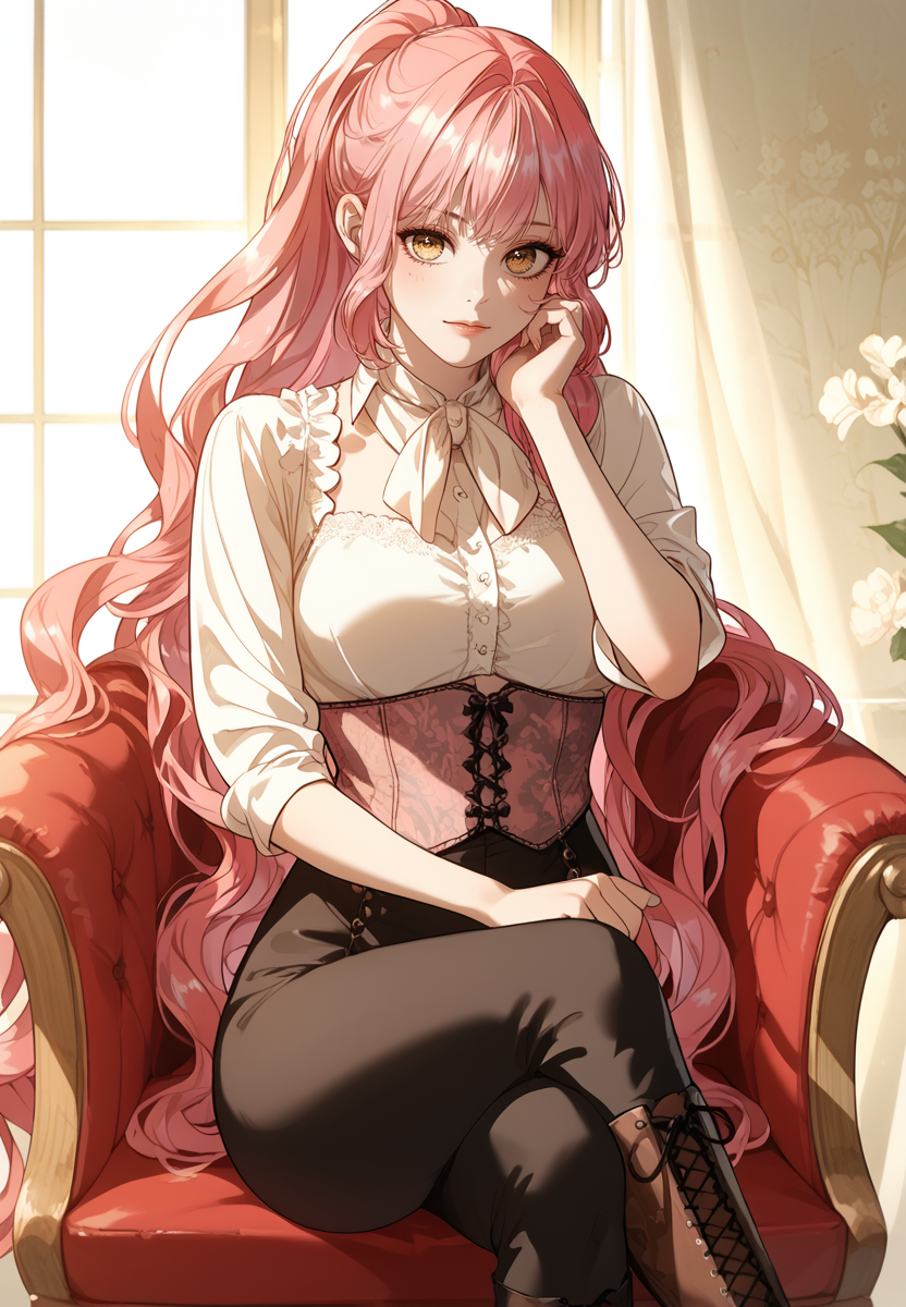 zPDXL3, score_9_up, score_8_up, score_7_up, (Anime_source),Masterpiece,(perfect female body:1.2), small waist, (incredibly detailed:1.4), slim, beautiful fingers, beautiful white skin, Beautiful clear skin, (large breasts:1.4) looking at viewer, big breasts, ass, perfect ass, <lora:Cherry_Sinclair_-_The_Male_Leads_are_Trapped_in_My_House-Kaleid_PONY:0.8>cherrysinclair, 1girl, pink hair, yellow eyes, very long hair, ponytail, corset, black pants, high boots, brown boots, white shirt, (facing viewer:1.5) crossed legs, head rest