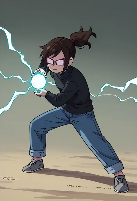 score_9, score_8_up, score_7_up, source_anime,    <lora:kamehameha charge stance:0.9> charge stance, kamehameha charge stance, energy ball, aura, electricity, 1girl,
Jenjenrose, GLASSES, NO PUPILS, OPAQUE GLASSES, Brown hair, ponytail,BLACK SWEATER, TURTLENECK,JEANS, GRAY SHOES,Simple art style