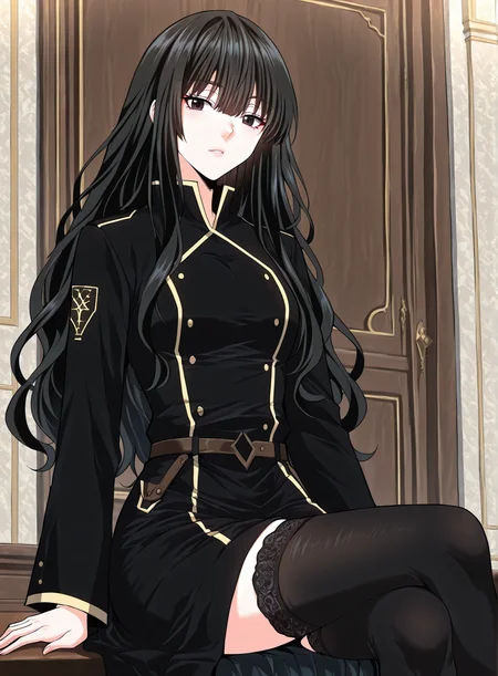 <lora:Kathyln_Glayder__The_Beginning_After_the_End__Illustrious-000009:1>
1 girl, solo, black eyes, brwon eyes, very long hair, black hair, bangs, wavy hair, ahoge, hair between eyes, black uniform, long skirt, black thighhighs, balck footwear, sidelocks, long sleeves, belt, frills
(Anime_source),Masterpiece,(perfect female body:1.2), small waist,(incredibly detailed:1.4), slim, beautiful fingers, parted lips, looking at viewer, sitting crossed legs , <lora:iLLMythG0thicL1nes:1>