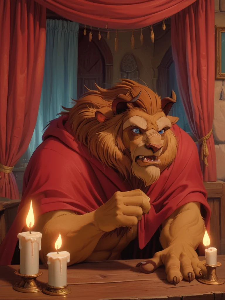 score_9, score_8_up, score_7_up, score_8,
thebeast , solo, blue eyes, 1boy, animal ears, male focus, curtains, furry, candle, furry male, lion boy
portrait,
<lora:beautyb_pony_v1:0.8>